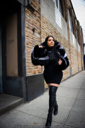 Women's Striped Crop Fox Bomber With Hood [Black/Silver]