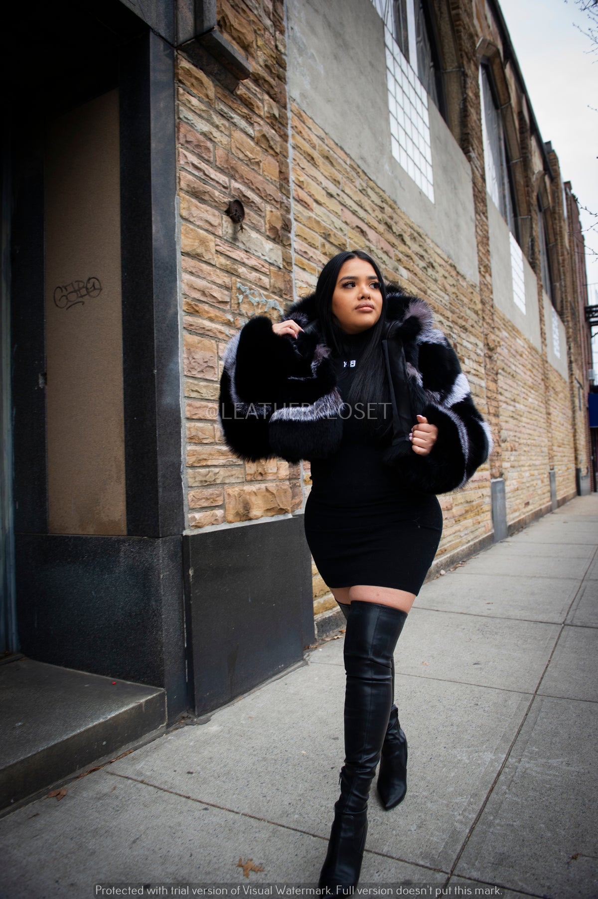 Women's Striped Crop Fox Bomber With Hood [Black/Silver]