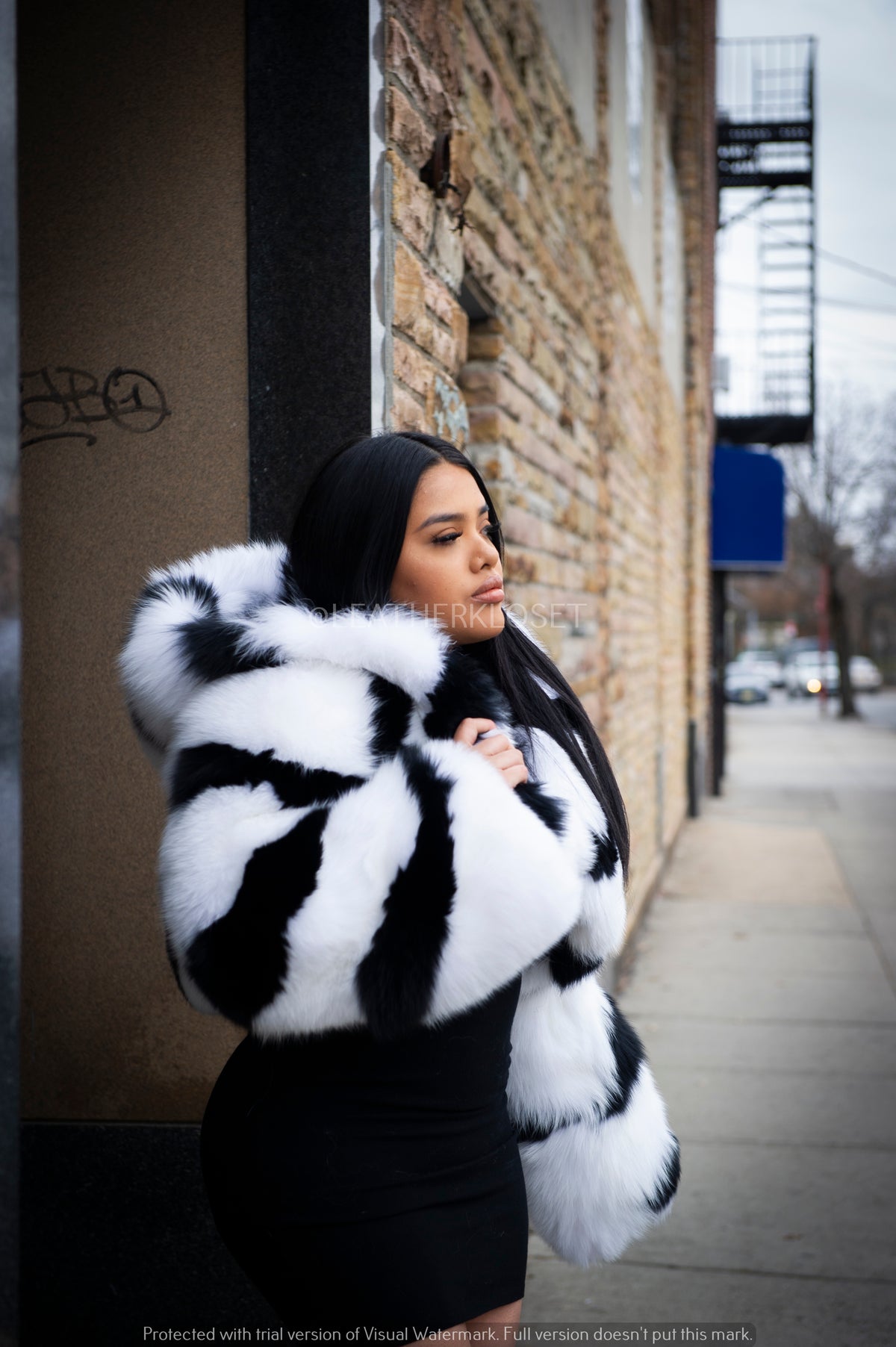Women's Striped Crop Fox Bomber With Hood [Black/White]