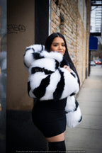 Women's Striped Crop Fox Bomber With Hood [Black/White]
