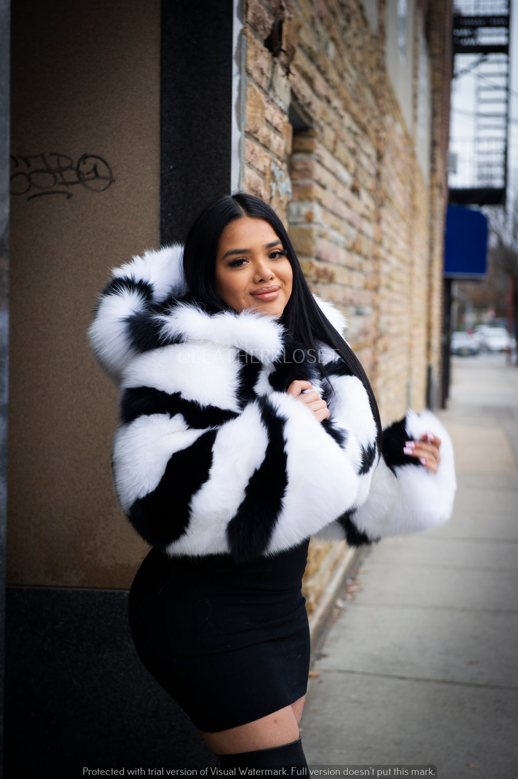 Women's Striped Crop Fox Bomber With Hood [Black/White]
