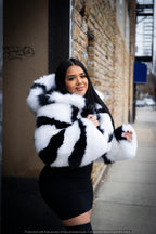 Women's Striped Crop Fox Bomber With Hood [Black/White]