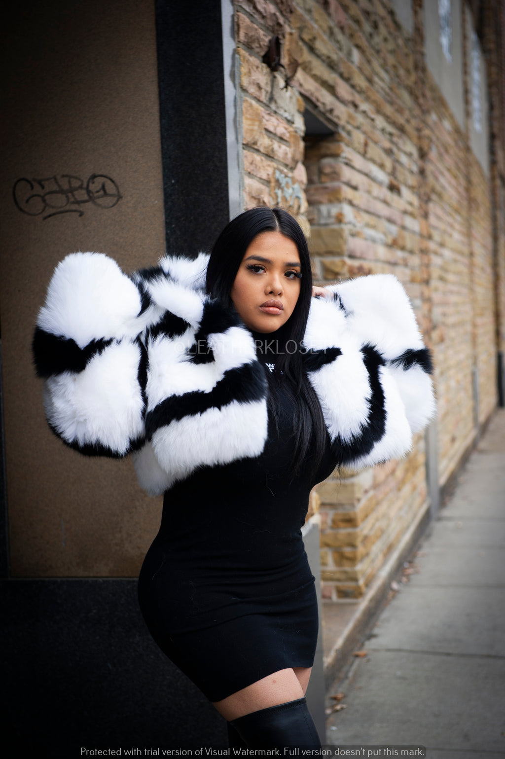 Women's Striped Crop Fox Bomber With Hood [Black/White]