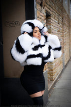 Women's Striped Crop Fox Bomber With Hood [Black/White]
