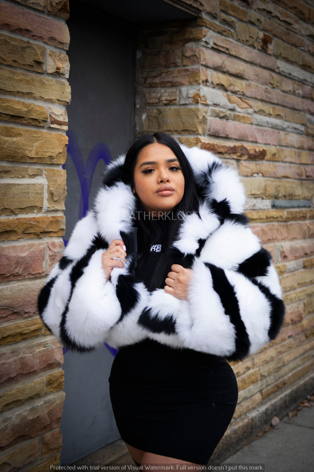 Women's Striped Crop Fox Bomber With Hood [Black/White]