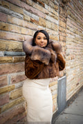 Women's Crop Mink Bomber With Hood [Whiskey]