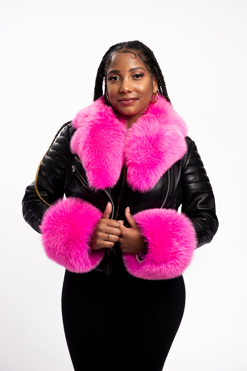 Women's Jay Biker Full Fox Collar And Cuff [Black/Hot Pink]