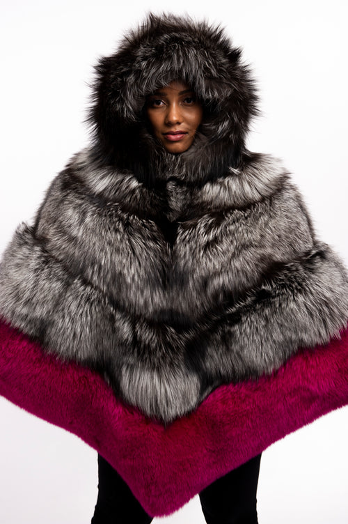 Women's Fox Fur Poncho With Hood