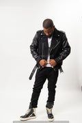 Men's Classic Wool And Leather Biker Jacket [Black]