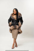 Women's Amber Shearling Sheepskin Jacket With Fox [Black/Crystal]