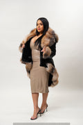 Women's Amber Shearling Sheepskin Jacket With Fox [Black/Crystal]