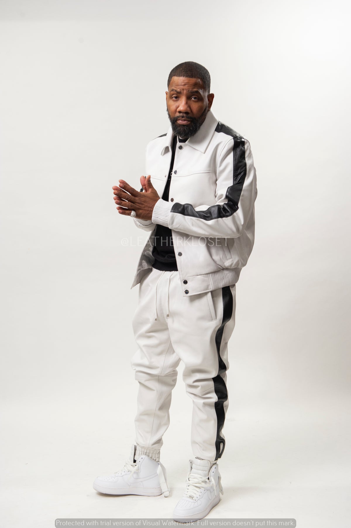 Men's Leather Track Suit Sweatsuit [White/Black]