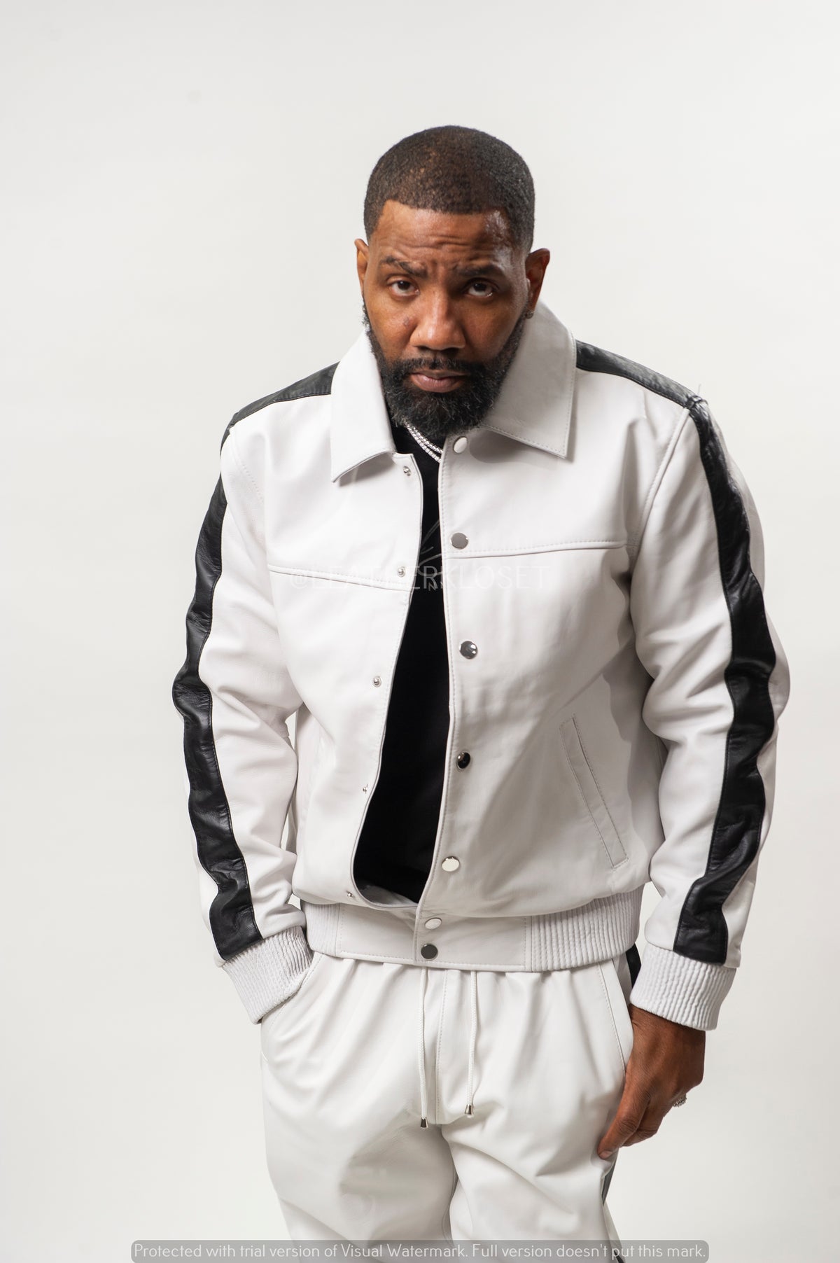 Men's Leather Track Suit Sweatsuit [White/Black]