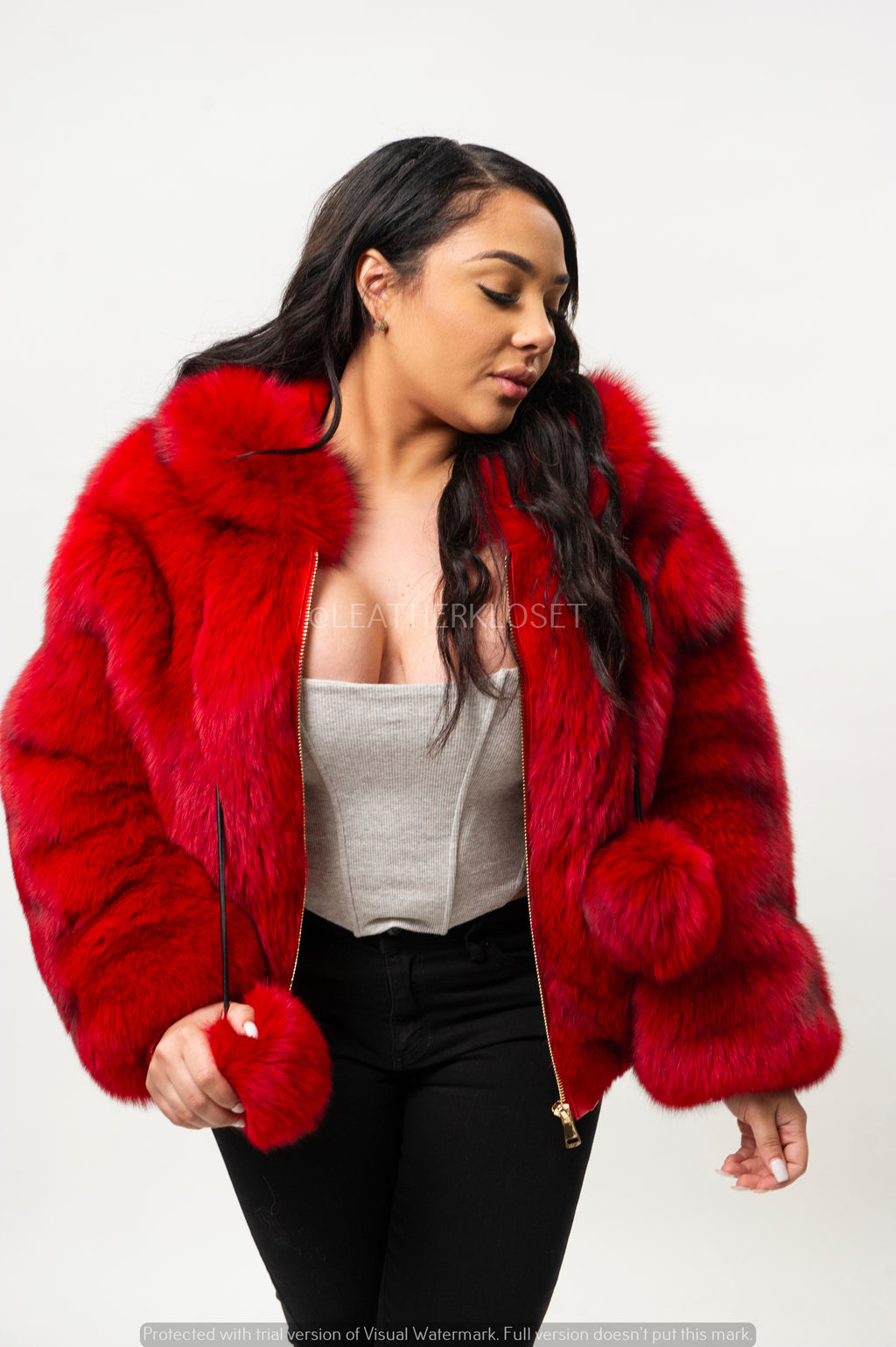 Women's Alaia Silver Fox Fur Bomber [Red]