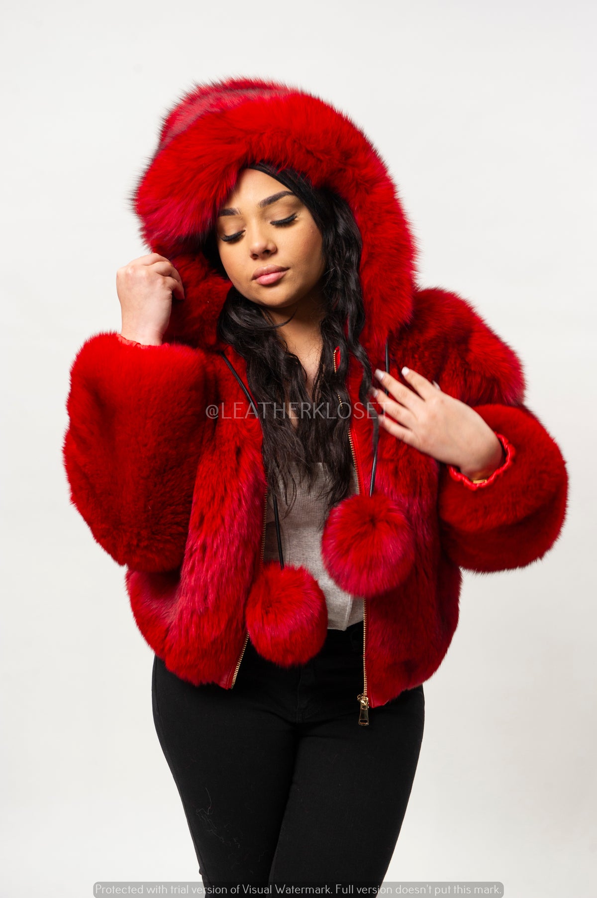 Women's Alaia Silver Fox Fur Bomber [Red]