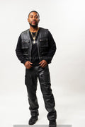 Men's Leather Tactical Vest With Leather Cargo Pants Black [Slim-Cut]