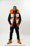 Men's Leather Hunting Vest With Fox Hood Olive/Orange/White [Slim-Cut]