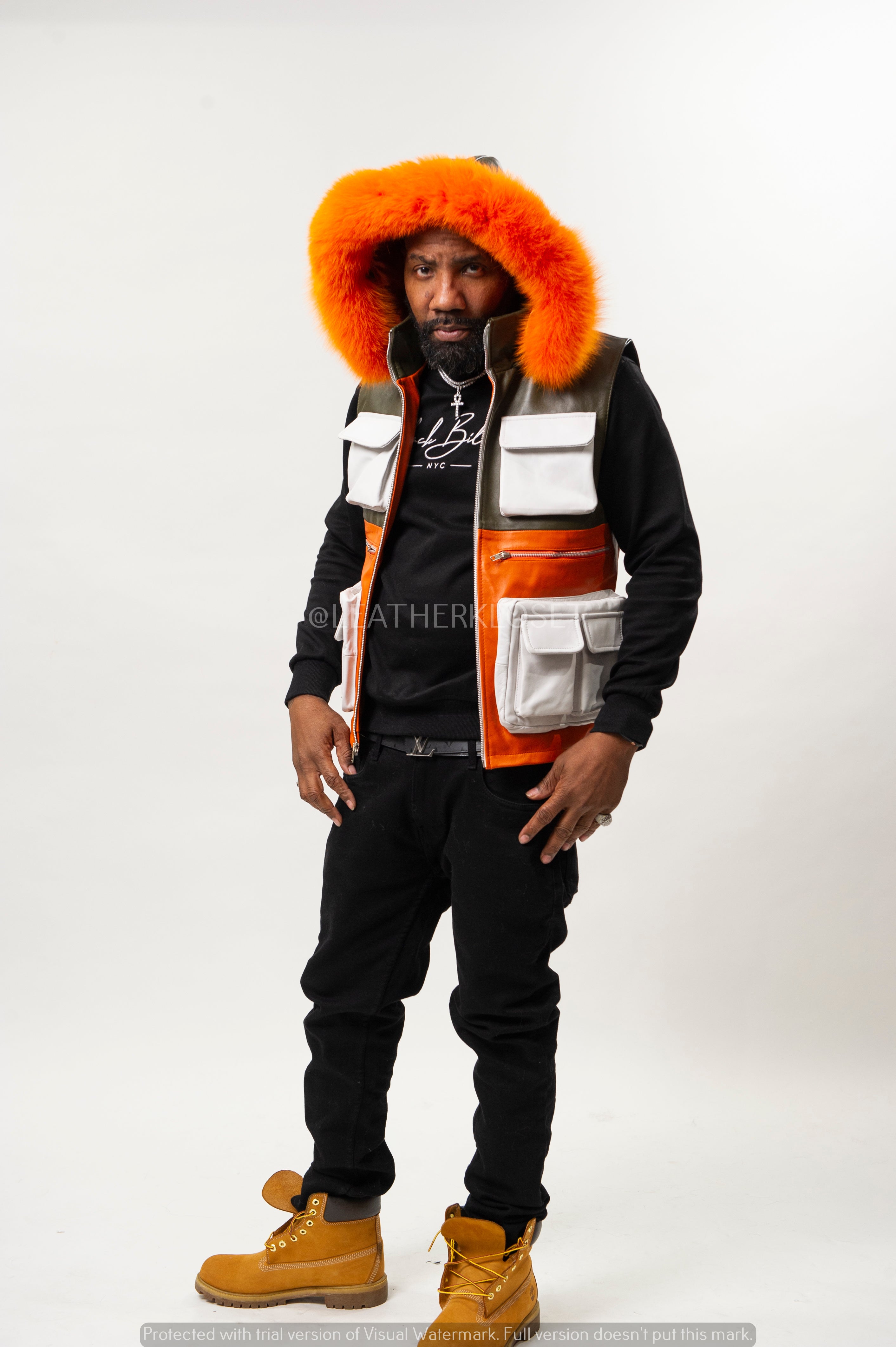 Men's Leather Hunting Vest With Fox Hood Olive/Orange/White [Slim