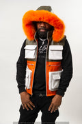 Men's Leather Hunting Vest With Fox Hood Olive/Orange/White [Slim-Cut]