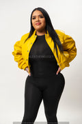 Women's Crop Leather Varsity Jacket [Yellow]