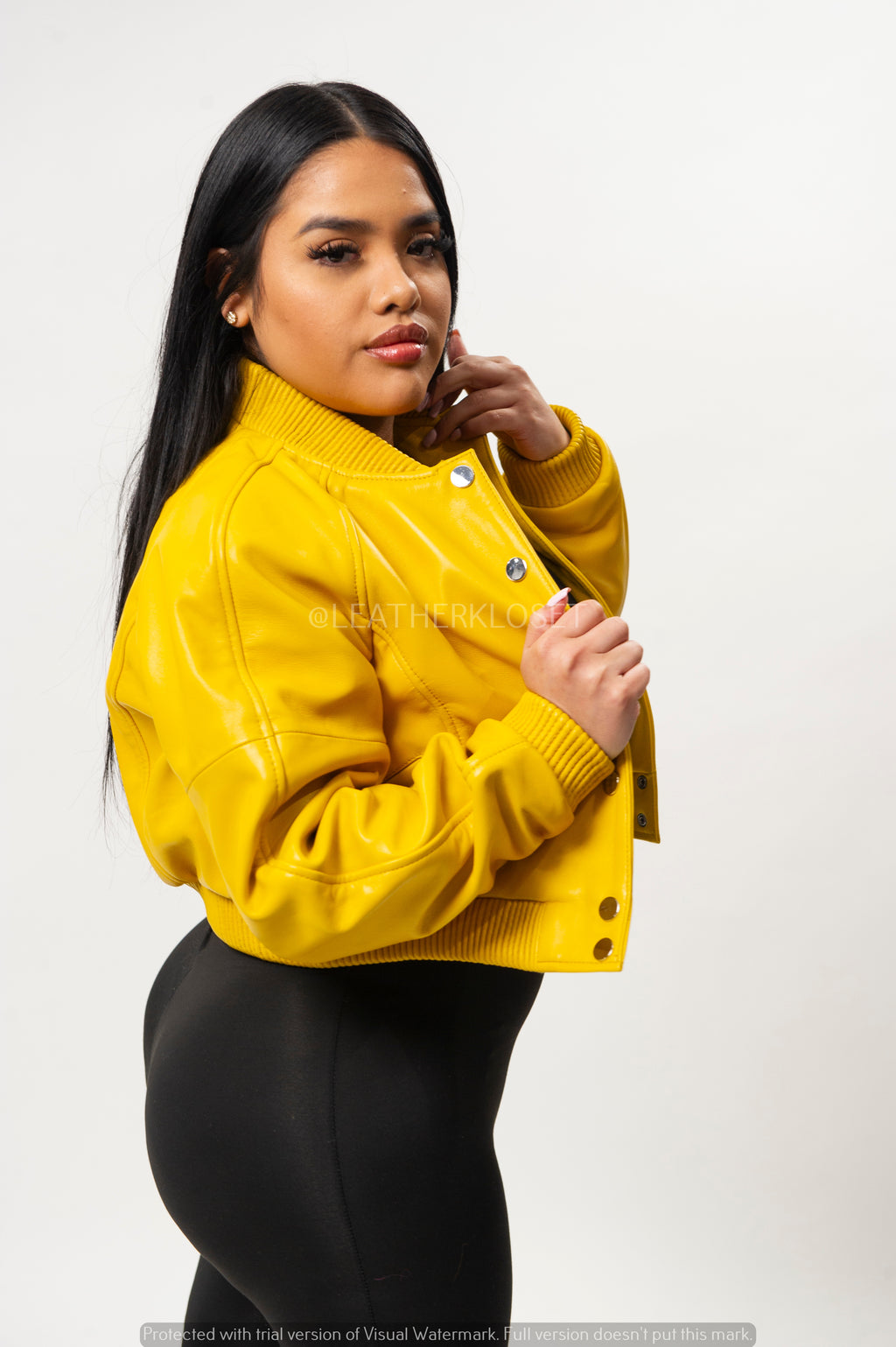 Women's Crop Leather Varsity Jacket [Yellow]