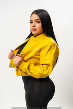 Women's Crop Leather Varsity Jacket [Yellow]
