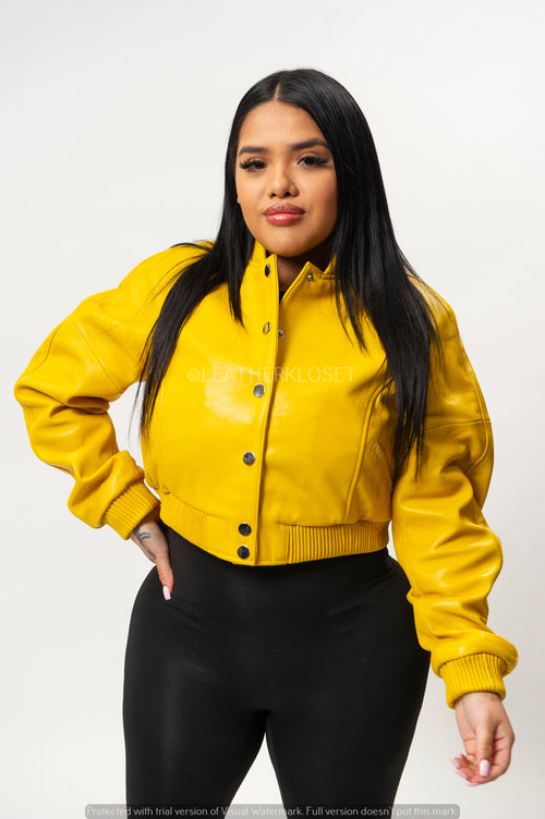 Women's Crop Leather Varsity Jacket [Yellow]
