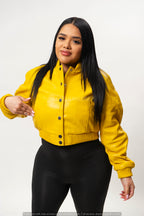 Women's Crop Leather Varsity Jacket [Yellow]