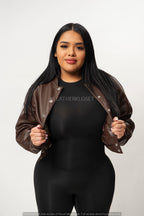 Women's Crop Leather Varsity Jacket [Brown]