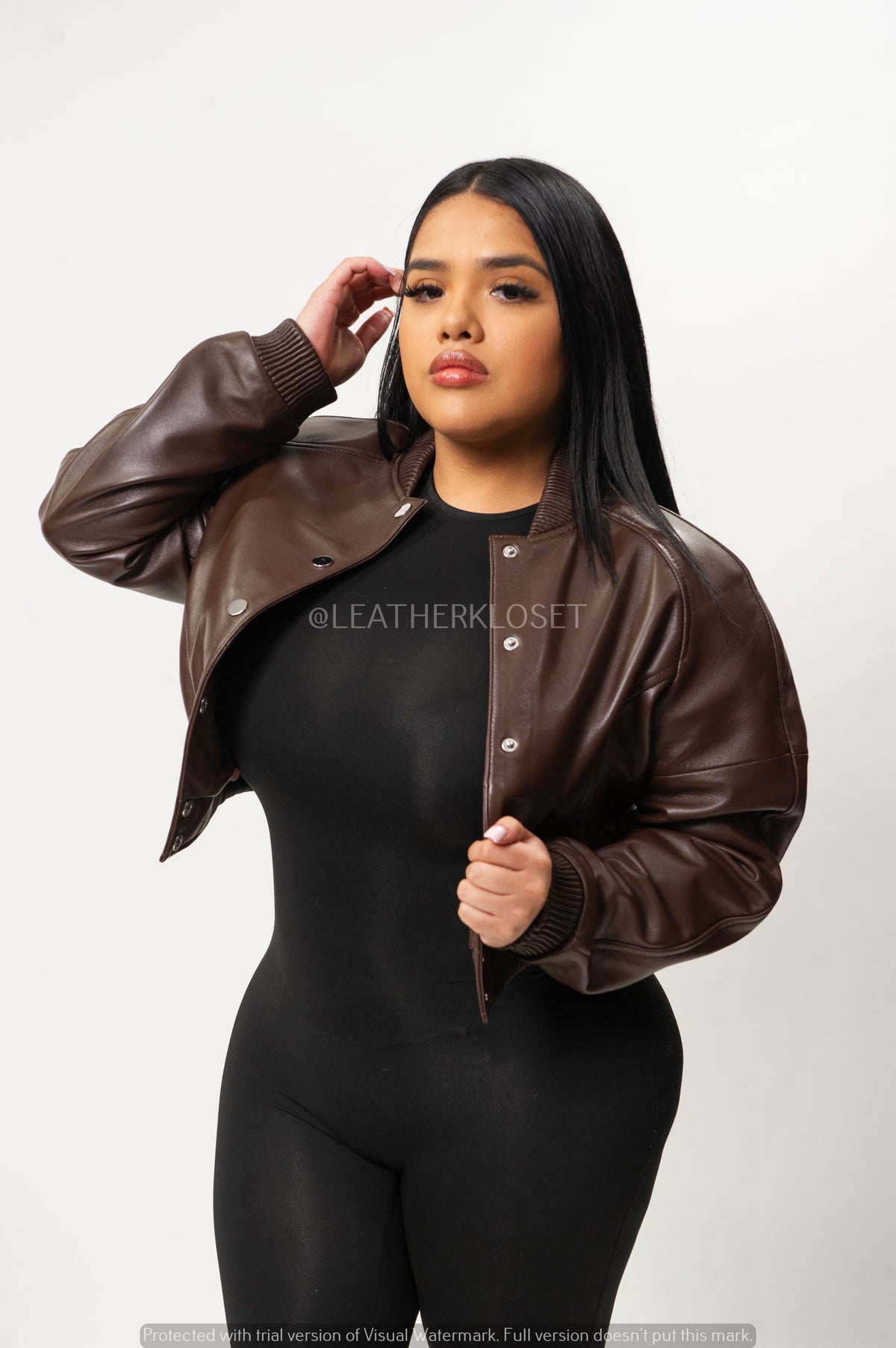 Women's Crop Leather Varsity Jacket [Brown]