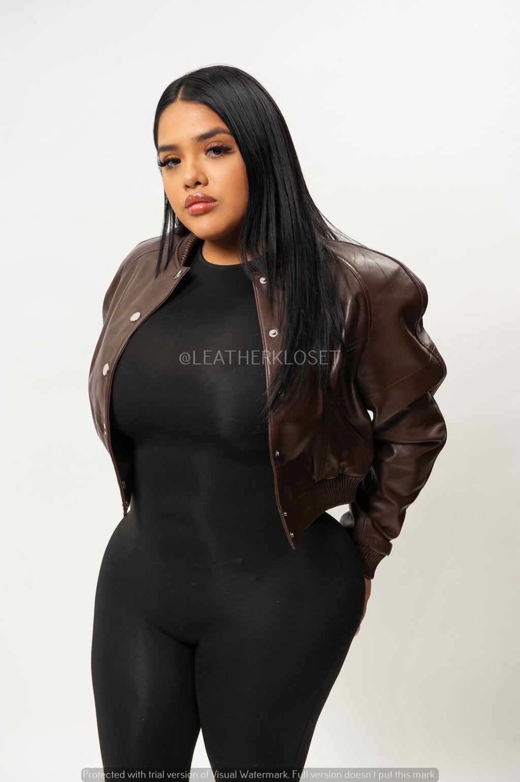 Women's Crop Leather Varsity Jacket [Brown]