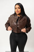 Women's Crop Leather Varsity Jacket [Brown]