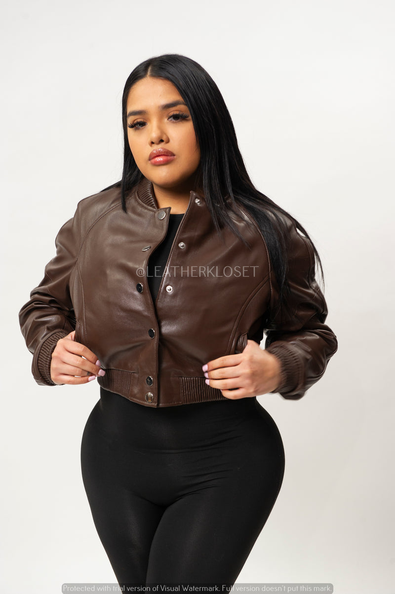 Women's Crop Leather Varsity Jacket [Brown]
