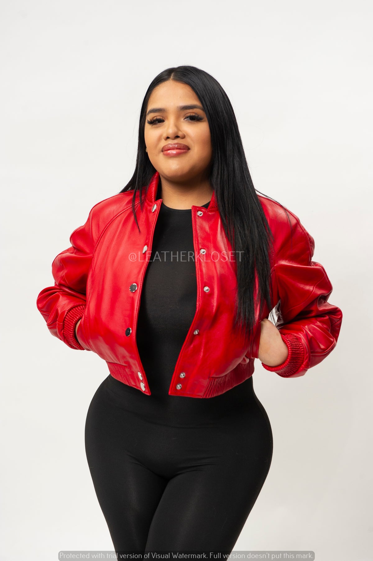 Women's Crop Leather Varsity Jacket [Red]