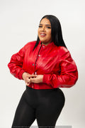 Women's Crop Leather Varsity Jacket [Red]