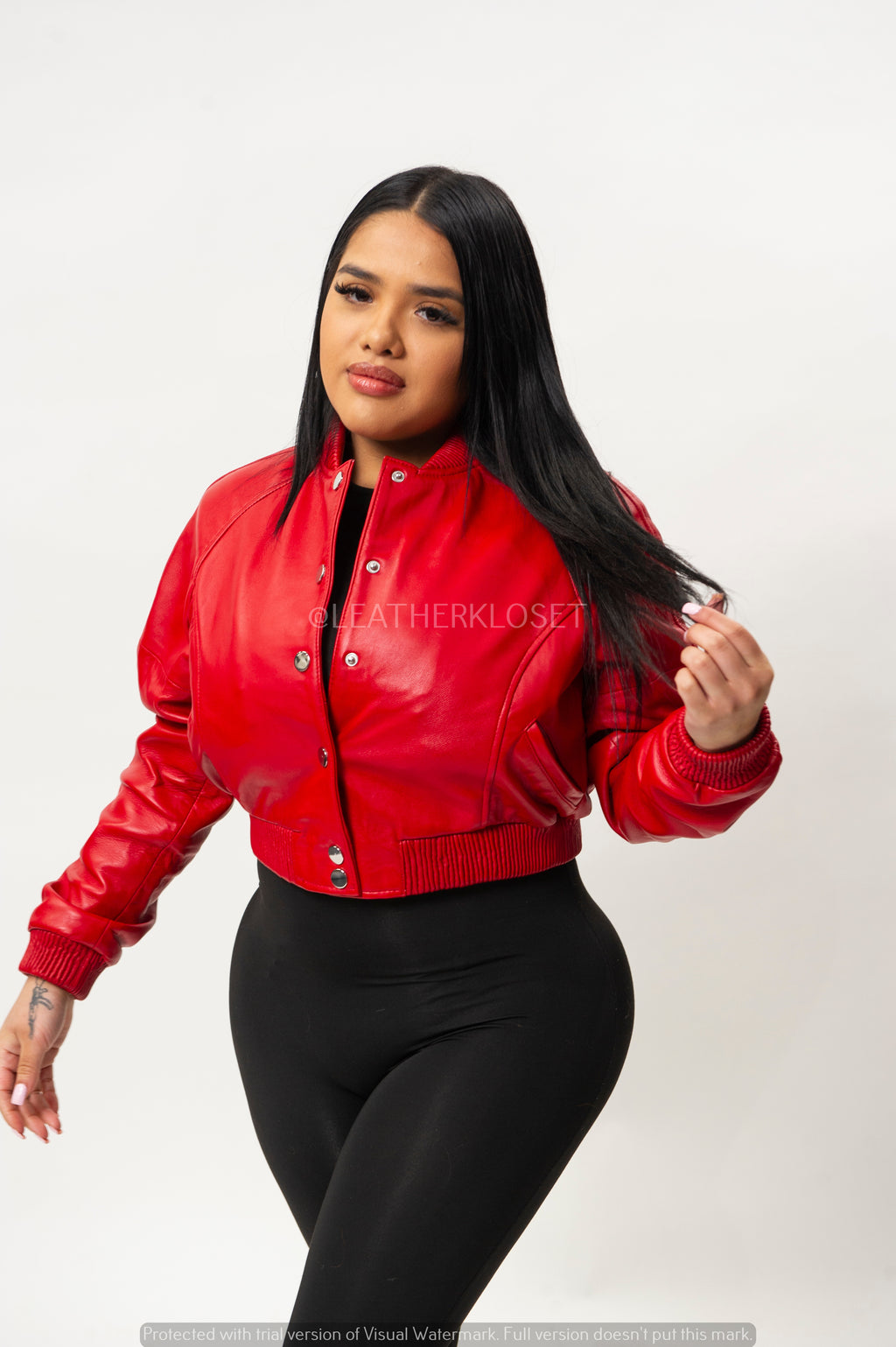 Women's Crop Leather Varsity Jacket [Red]