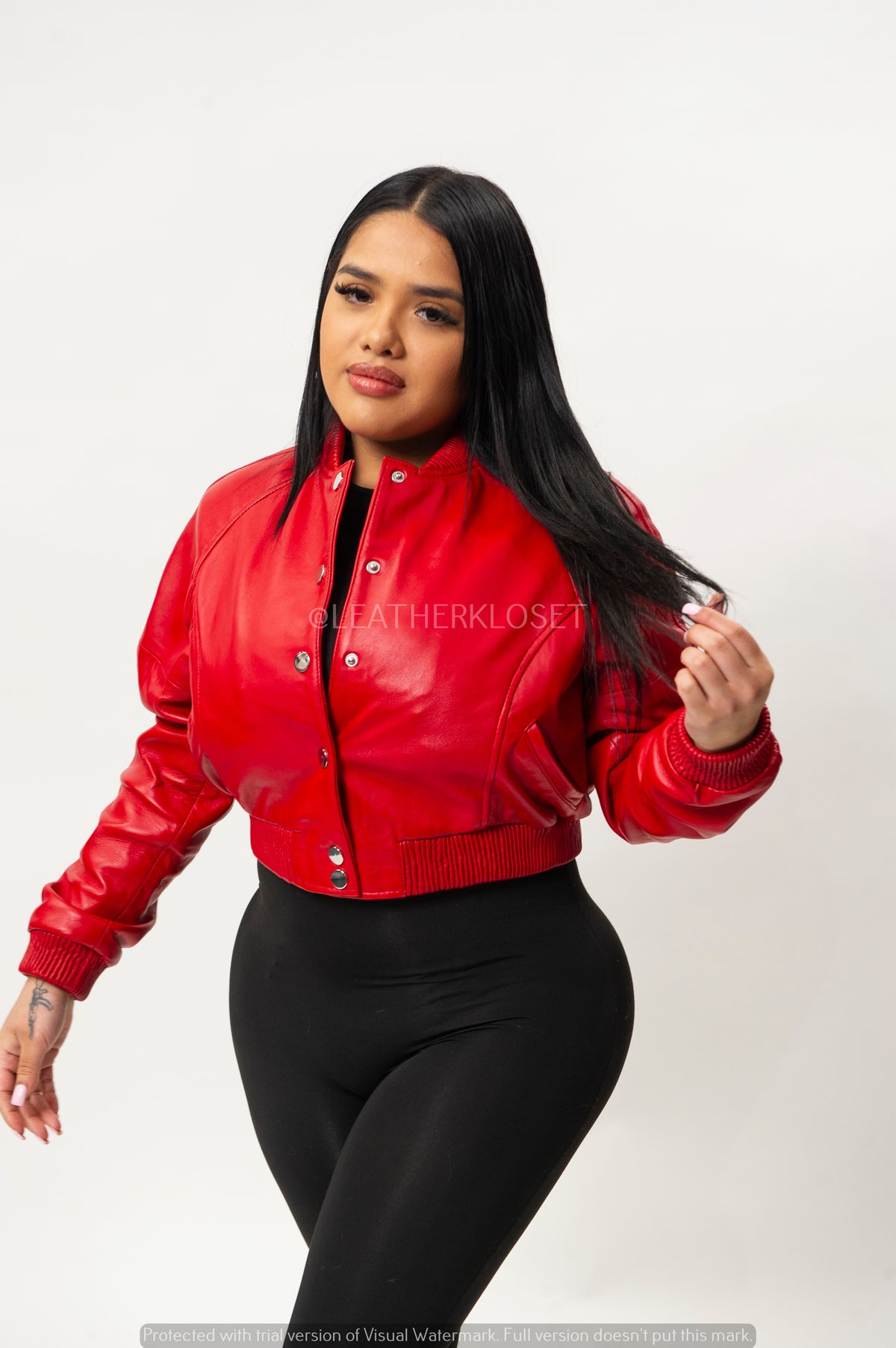 Women's Crop Leather Varsity Jacket [Red]
