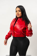 Women's Crop Leather Varsity Jacket [Red]
