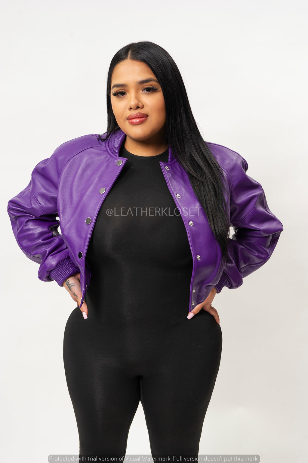 Women's Crop Leather Varsity Jacket [Purple]