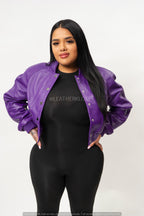 Women's Crop Leather Varsity Jacket [Purple]
