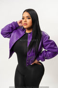Women's Crop Leather Varsity Jacket [Purple]