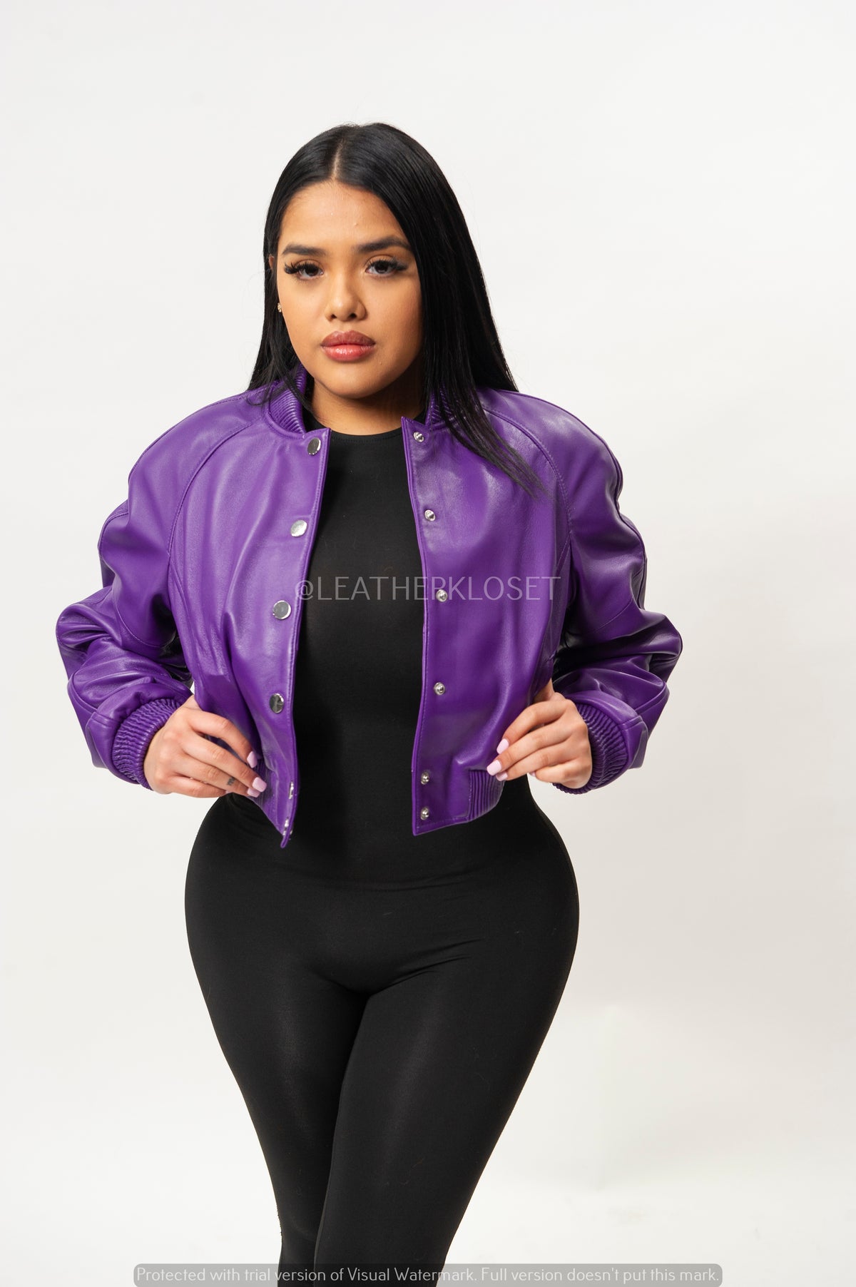 Women's Crop Leather Varsity Jacket [Purple]