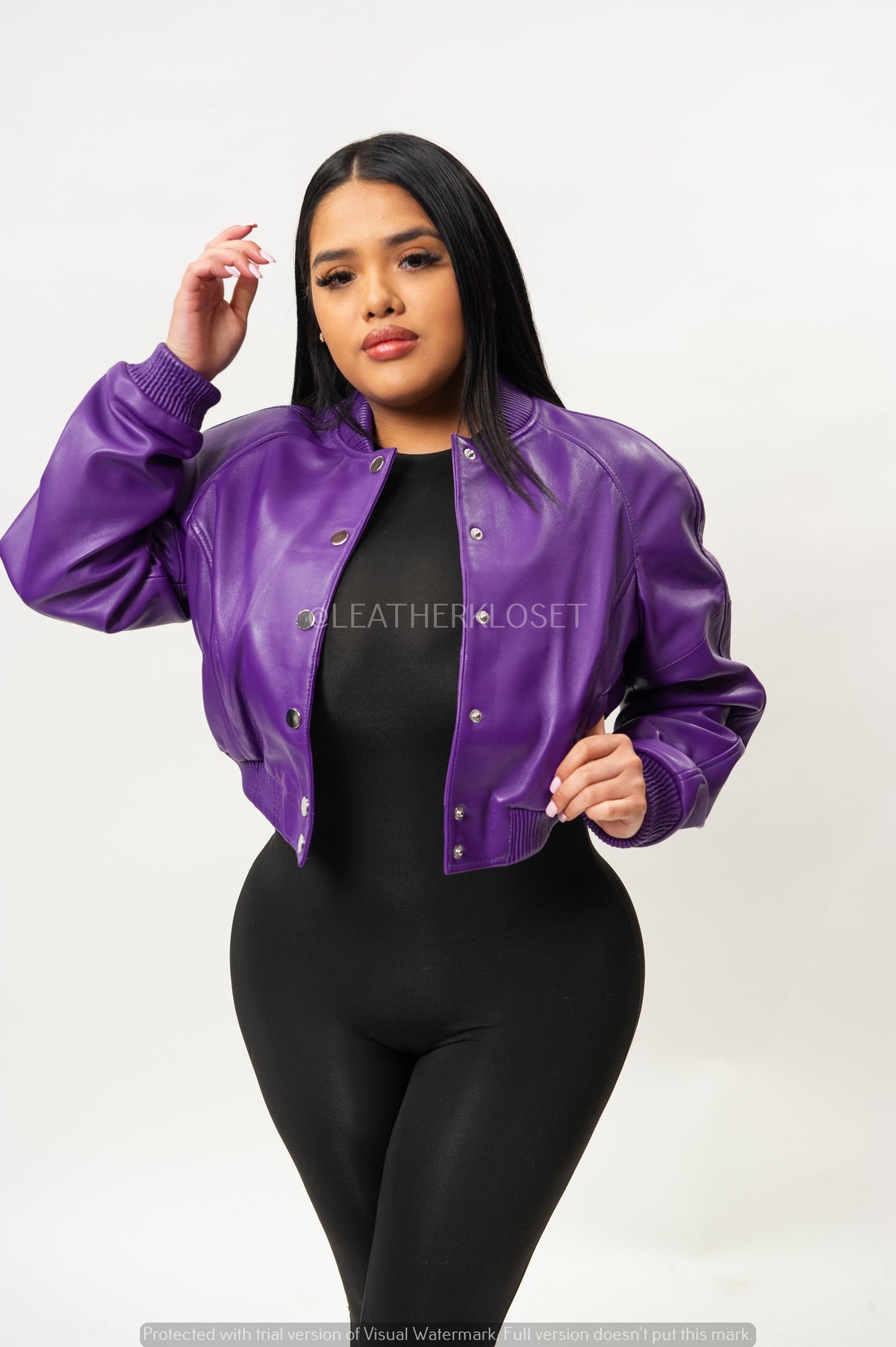 Women's Crop Leather Varsity Jacket [Purple]
