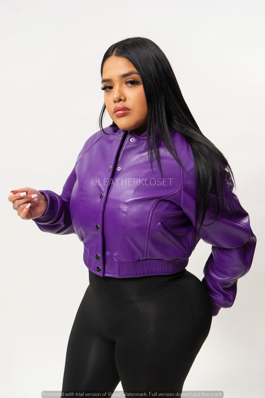 Women's Crop Leather Varsity Jacket [Purple]