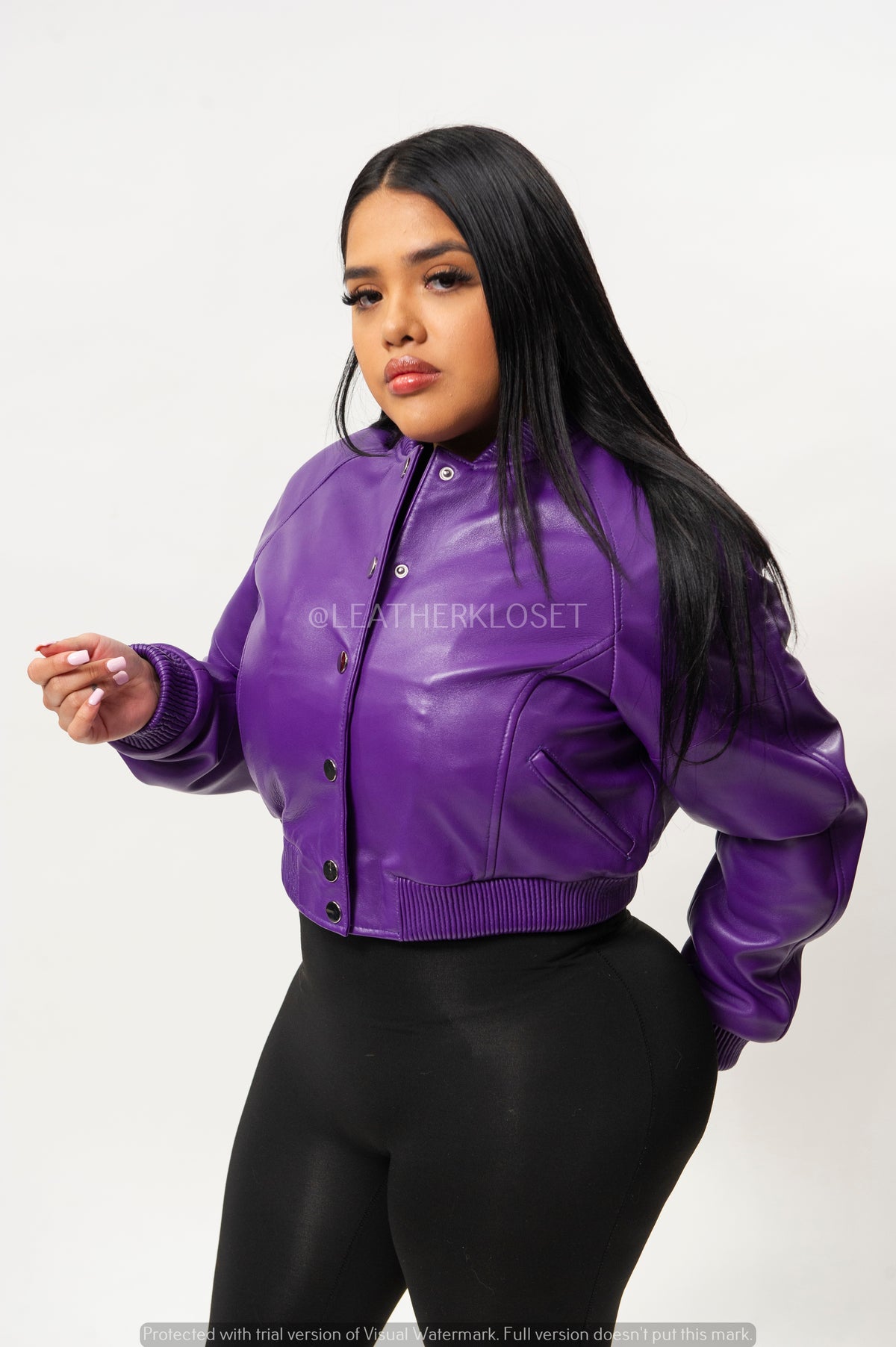 Women's Crop Leather Varsity Jacket [Purple]