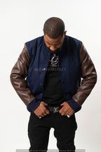 Men's Classic Wool And Leather Varsity Jacket [Navy/Chocolate]