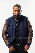 Men's Classic Wool And Leather Varsity Jacket [Navy/Chocolate]