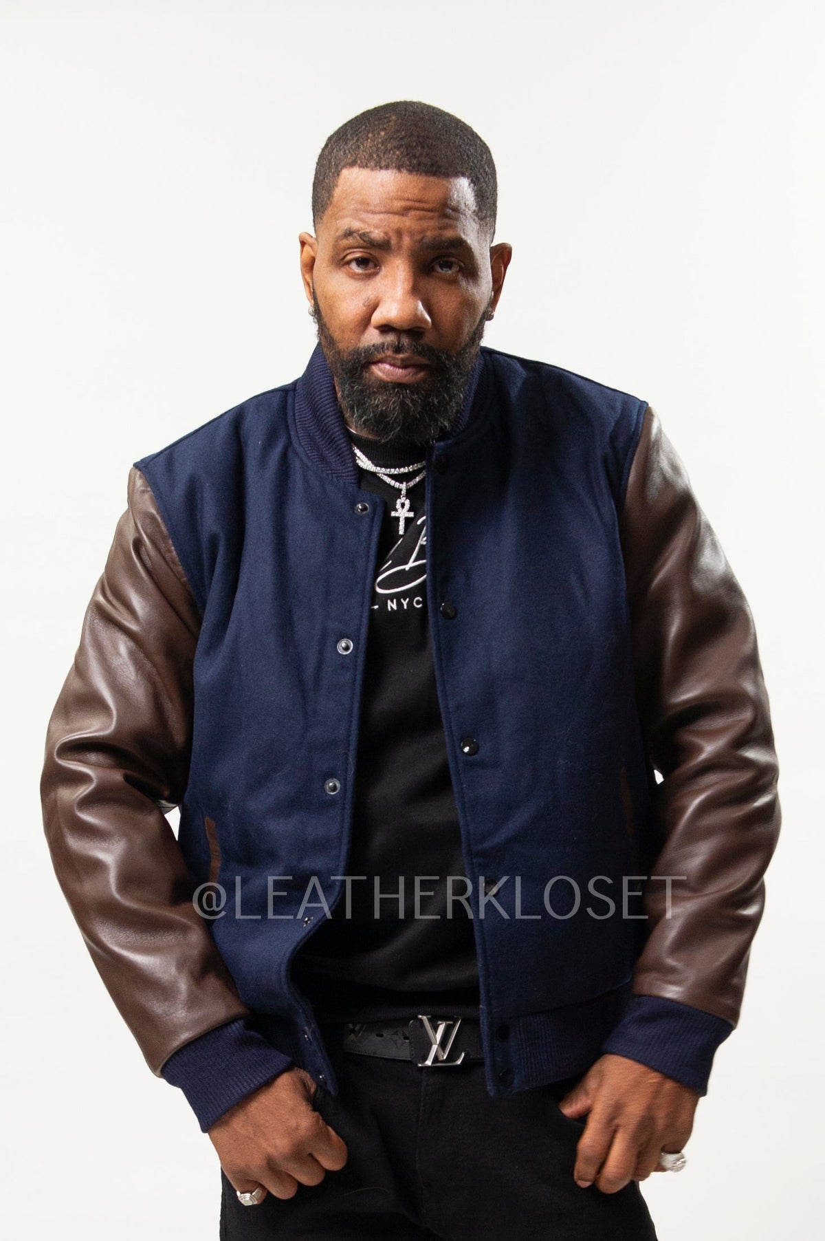 Men's Classic Wool And Leather Varsity Jacket [Navy/Chocolate]