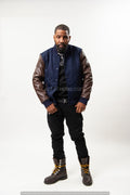 Men's Classic Wool And Leather Varsity Jacket [Navy/Chocolate]