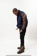 Men's Classic Wool And Leather Varsity Jacket [Navy/Chocolate]